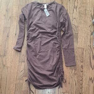 Brown Long Sleeve Ruched Dress